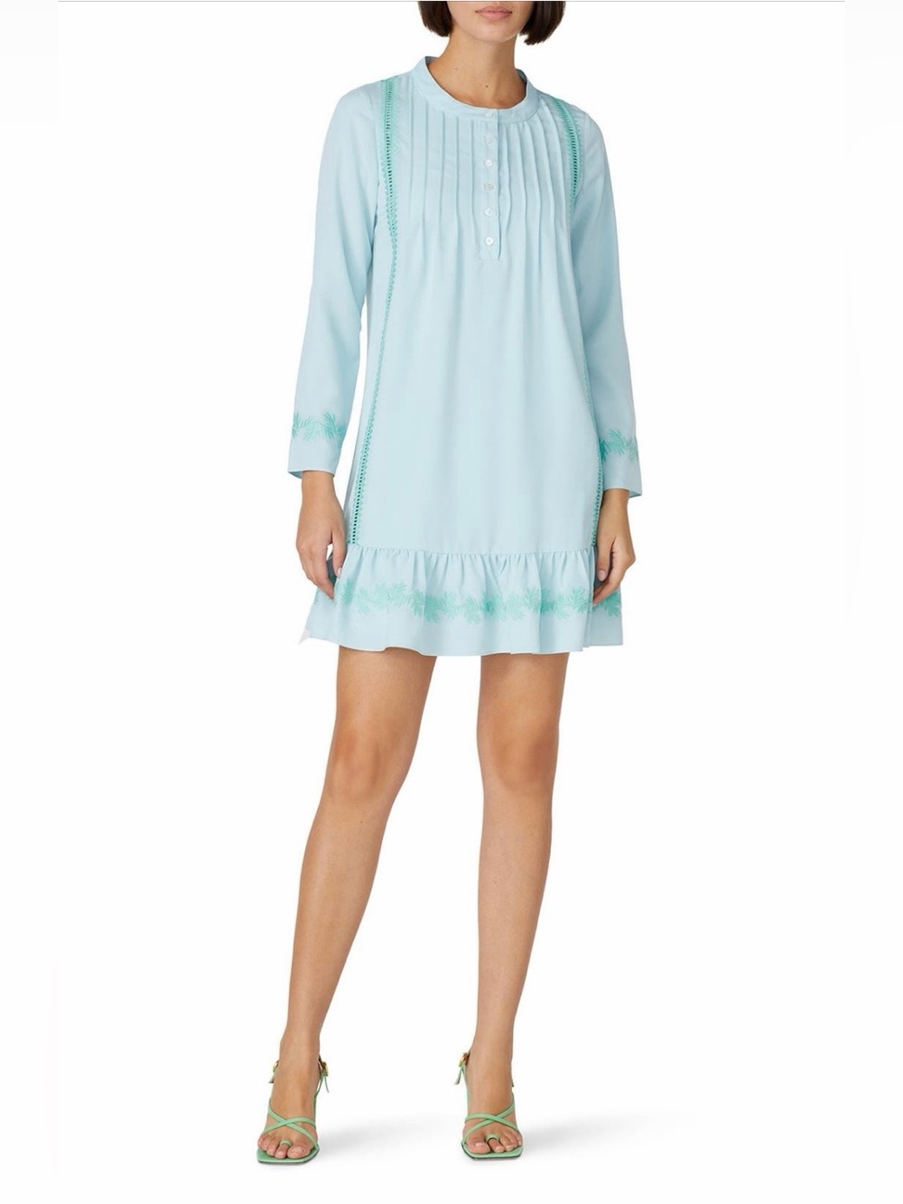 Sail to Sable~Embroidered Mint-Trim Light Blue Pintuck Mini Dress~Size S~$210~